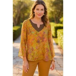 SUNDANCE GOLDEN YELLOW FLOWY FLORAL SILK TOP SIZE L BOHO CLASSY COLORFUL FALL